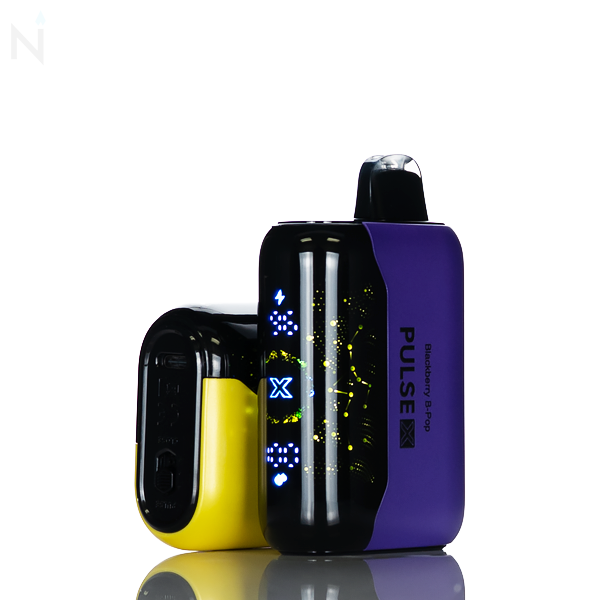 A yellow nevux pulse x lays on its side and is partially covered by a purple pulse vape with an illuminated screen. The favor is written down the side of the purple vape.