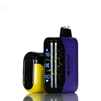 A yellow nevux pulse x lays on its side and is partially covered by a purple pulse vape with an illuminated screen. The favor is written down the side of the purple vape.