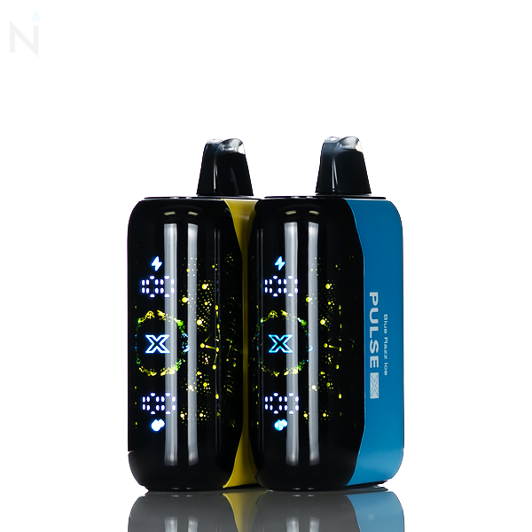A yellow nevux pulse x is partially covered by a blue pulse vape both have an illuminated screen. The favor is written down the side of the blue vape.