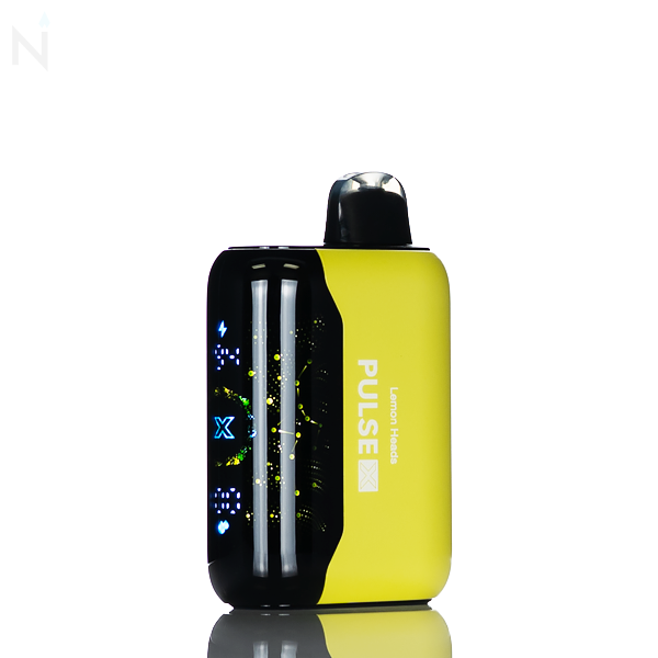 A yellow nevux pulse x disposable vape with an illuminated screen is against a white background, the vape flavor 'lemon heads' is written down the side.