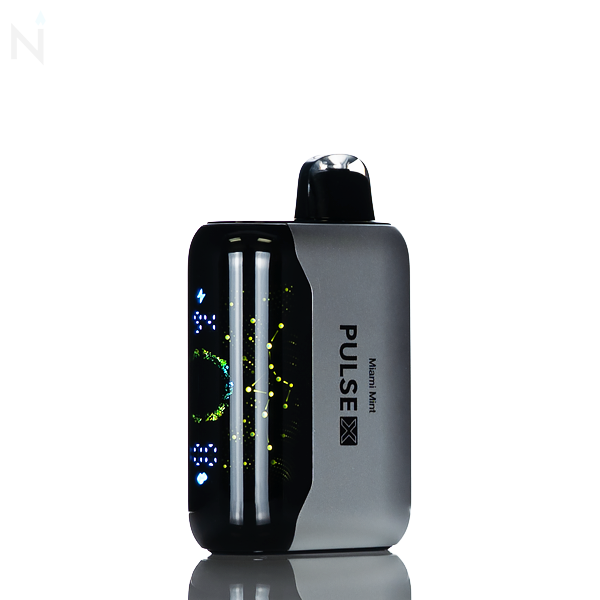 A gray nevux pulse x disposable vape with an illuminated screen is against a white background, the vape flavor 'Miami mint' is written down the side.