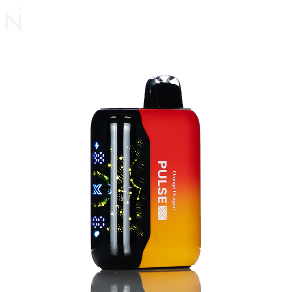 A gradient nevux pulse x disposable vape with an illuminated screen is against a white background, the vape flavor 'orange dragon' is written on the side.