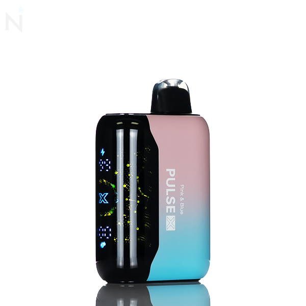 A gradient nevux pulse x disposable vape with an illuminated screen is against a white background, the vape flavor 'pink and blue' is on the side.
