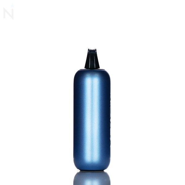 The side of a nevux pulse x 40k disposable vape is turned to the side to show the blue metal handle against a white background and reflected on a white surface.