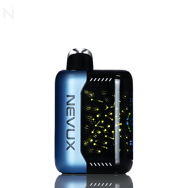 A blue nevux pulse x disposable vape with an illuminated screen to show lights is turned at a reflected against a white background and reflected on white.