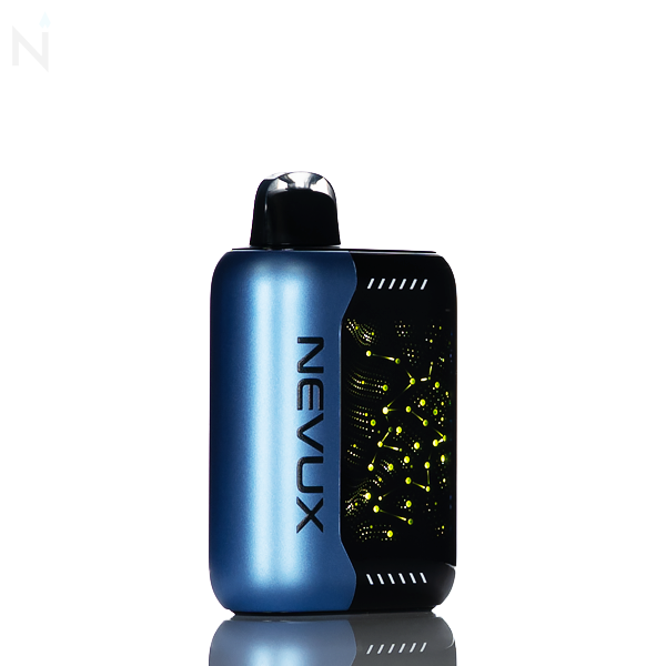 A blue nevux pulse x disposable vape with an illuminated screen to show lights is turned at a reflected against a white background and reflected on white.