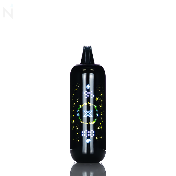 An illuminated nevux pulse x disposable vape is illuminated against a white background with a blue 'X' in an illuminated circle on the screen of the vape.