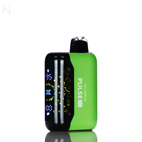 A green nevux pulse x disposable vape with an illuminated screen is against a white background, the vape flavor 'sour apple ice' is down the side.