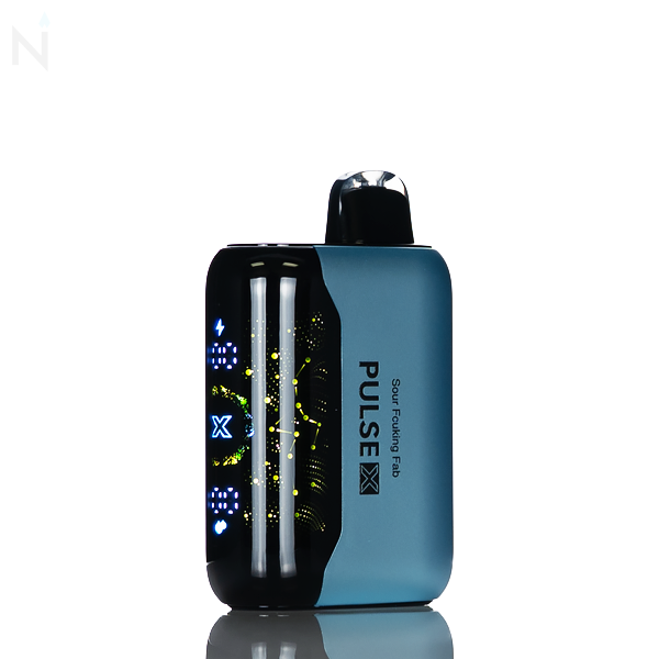 A blue nevux pulse x disposable vape with an illuminated screen is against a white background, the vape flavor 'sour fcuking fab' is written on the side.