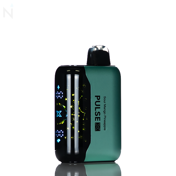 A dark teal nevux pulse x disposable vape is against a white background, the vape flavor 'sour mango pineapple' is written down the side of the vape.