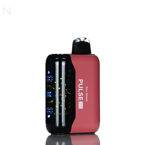 A pink nevux pulse x disposable vape screen is  illuminated against a white background, the vape flavor 'sour straws' is written down the side of the vape.