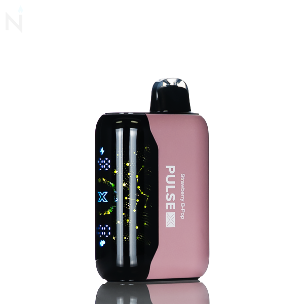A light pink nevux pulse x disposable vape screen is illuminated against a white background, the vape flavor 'strawberry b-pop' is written on the side.