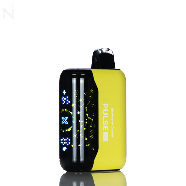 A yellow nevux pulse x disposable vape screen is illuminated against a white background, the vape flavor 'strawberry colada' is written on the side.