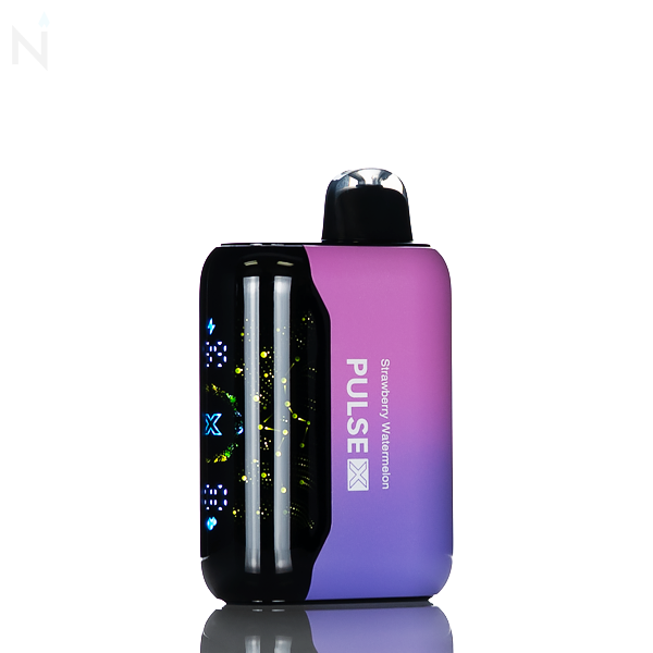 A gradient nevux pulse x disposable vape screen is illuminated against a white background, the vape flavor 'strawberry watermelon' is written on the side.