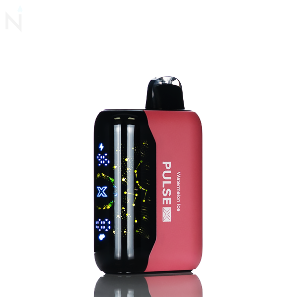 A dark pink nevux pulse x disposable vape screen is illuminated against a white background, the vape flavor 'watermelon ice' is written on the side.