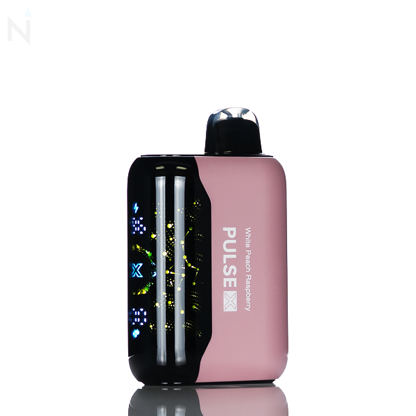 A pink nevux pulse x disposable vape screen is illuminated against a white background, the vape flavor 'white peach raspberry' is written on the side.