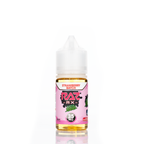 A 30mL bottle of of Pod Juice by RAZ salt nicotine e-liquid featuring a pink, red, and green bottle with a white plastic cap in the strawberry batch flavor