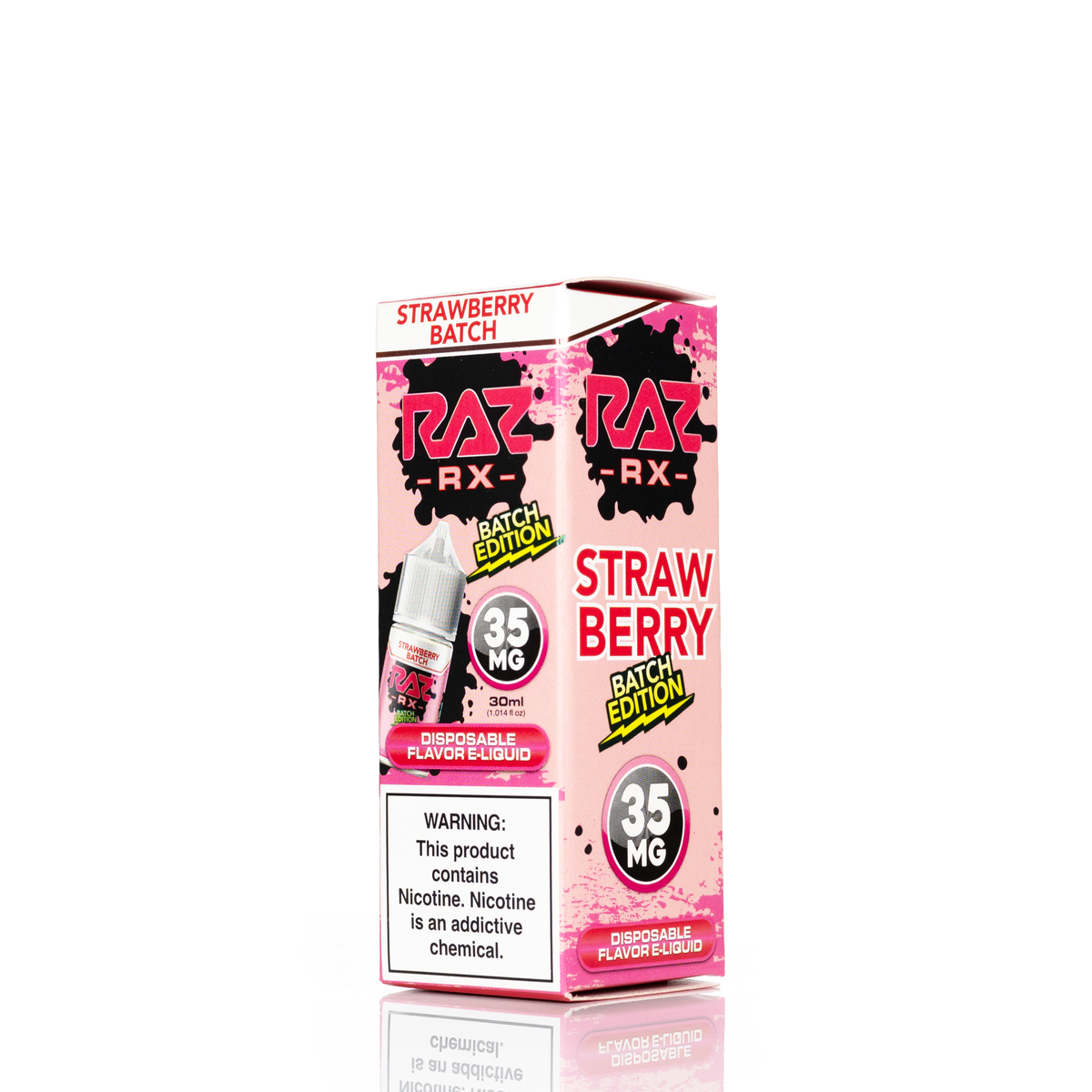 A pink and white box featuring batch edition disposable flavored e-liquid advertising 35mg of product on a white backdrop