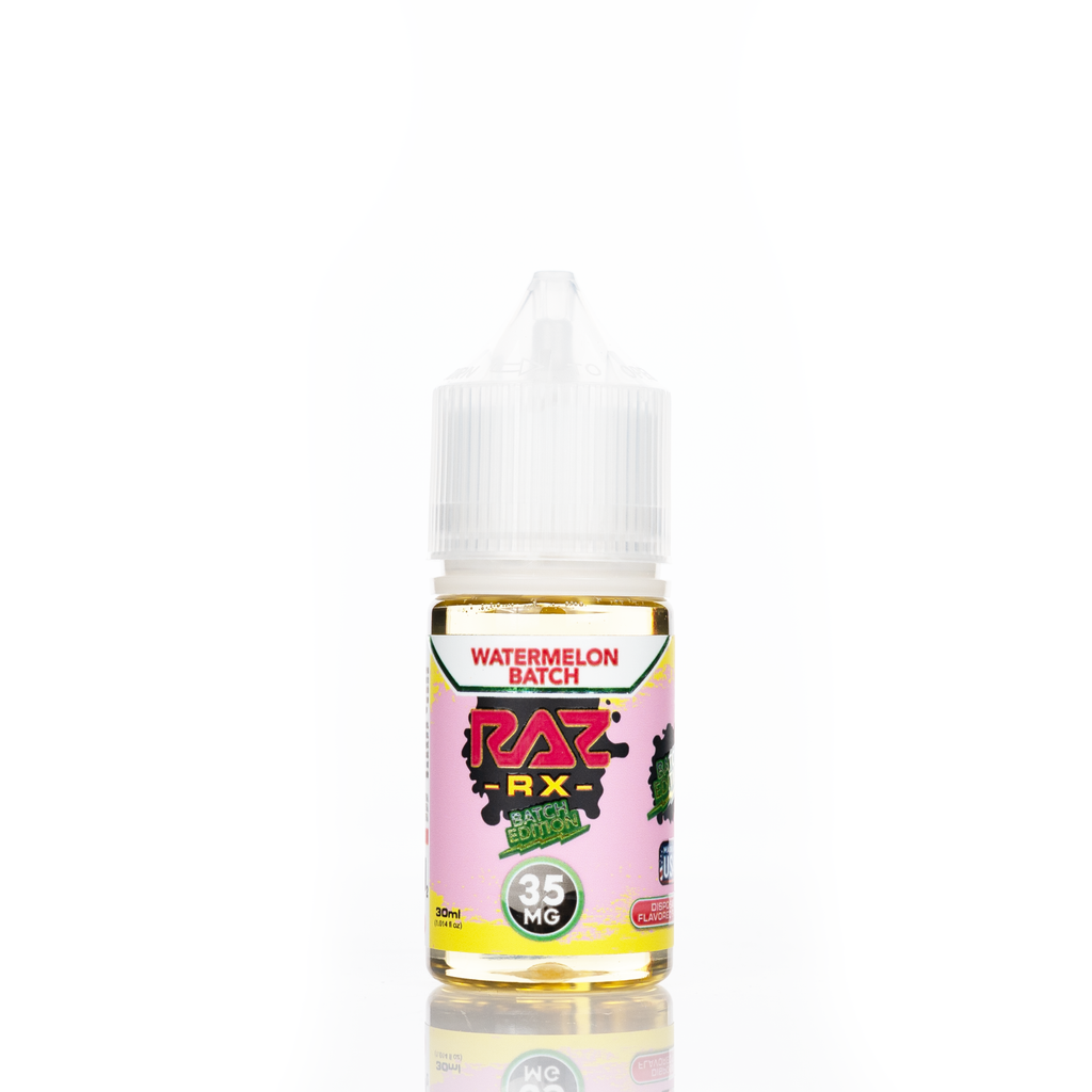 A 30mL bottle of of Pod Juice by RAZ salt nicotine e-liquid featuring a pink, red, and green bottle with a white plastic cap in the watermelon batch flavor