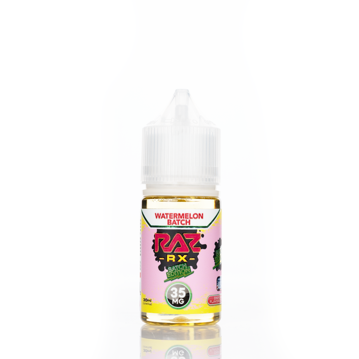 A 30mL bottle of of Pod Juice by RAZ salt nicotine e-liquid featuring a pink, red, and green bottle with a white plastic cap in the watermelon batch flavor