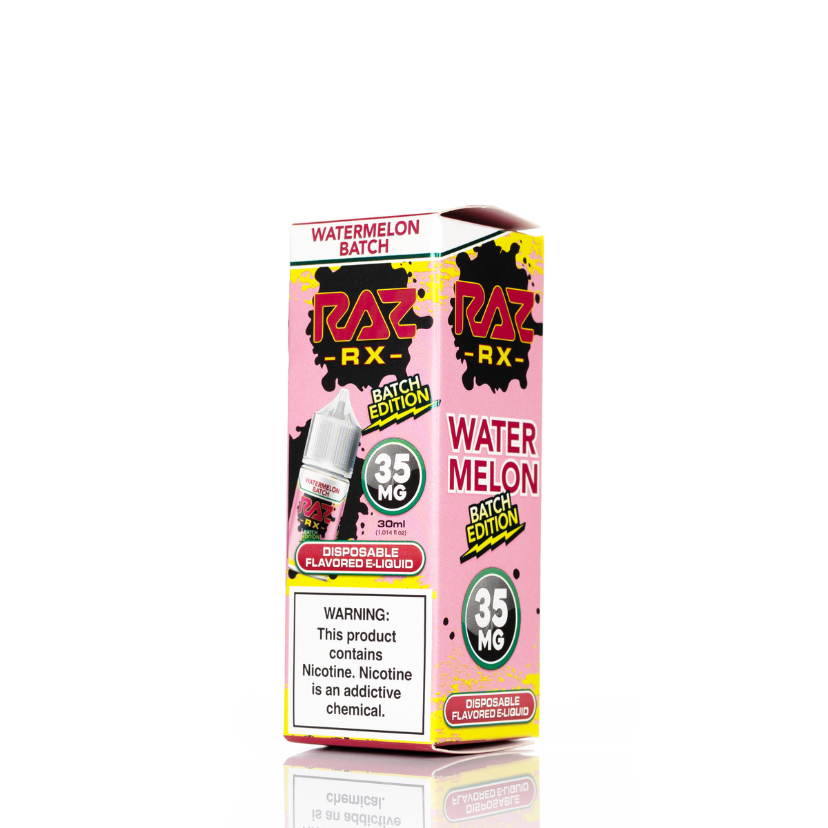 A pink and white box featuring batch edition disposable flavored e-liquid advertising 35mg of product on a white backdrop