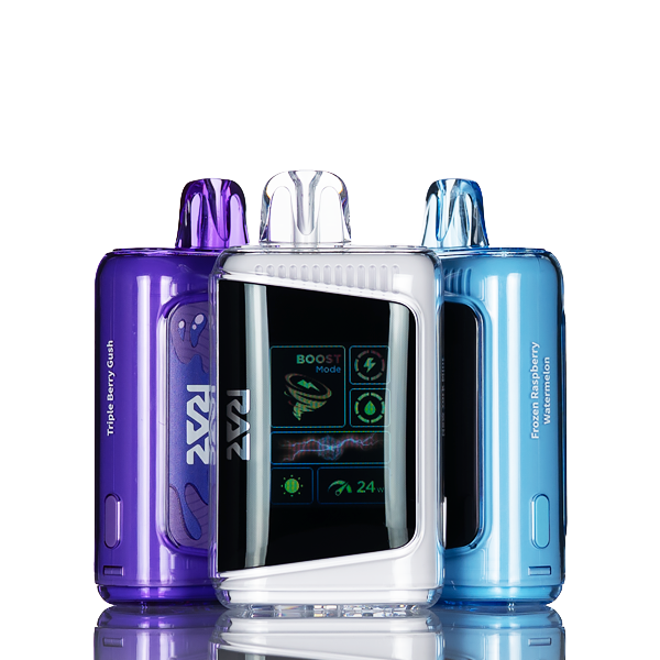 RAZ LTX DC25000 Puffs Disposable, featuring 650mAh battery, large LED display, dual mesh coils, and 16mL of 5% salt nic vape juice.