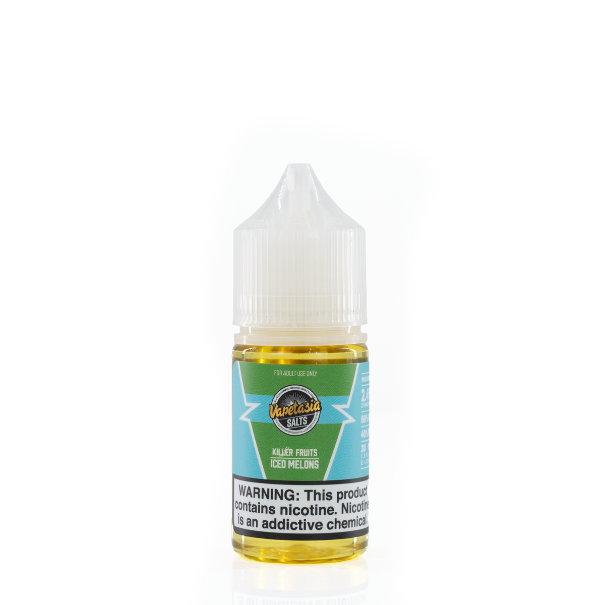A small white bottle of vapetasia e-liquid flavored iced melons with green, blue, and a nicotine warning label is placed against a white background