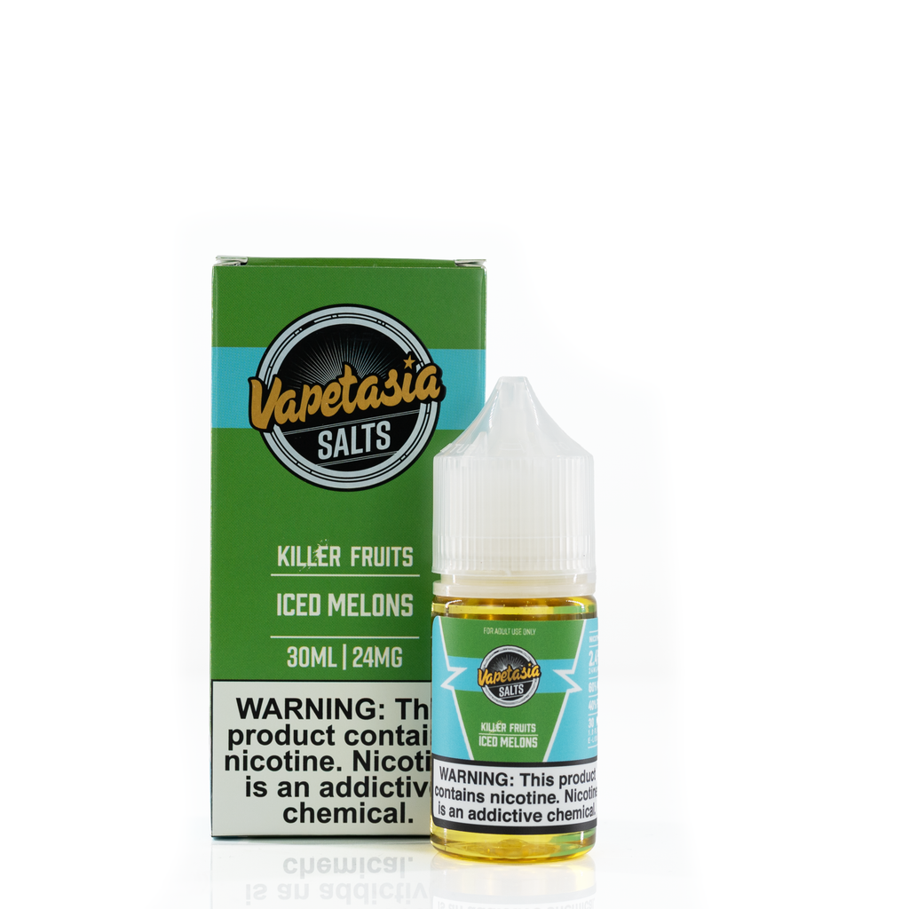 A green vapetasia box is placed next to a similar green vaptasia bottle in iced melons flavor with a clear white cap both are against a white background