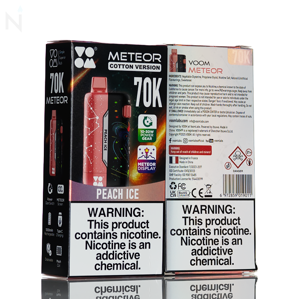 Voom Meteor 70K 70,000 Puffs Disposable Vape - 20m  5% nicotine salt dual mesh coil draw activated type-c charging peach ice